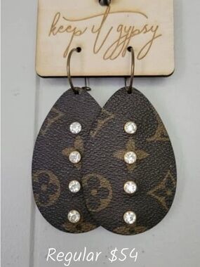 Upcycled LV Brown Teardrop Leather Earrings with Crystals